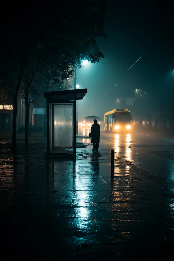 Rainy Night Bus Stop