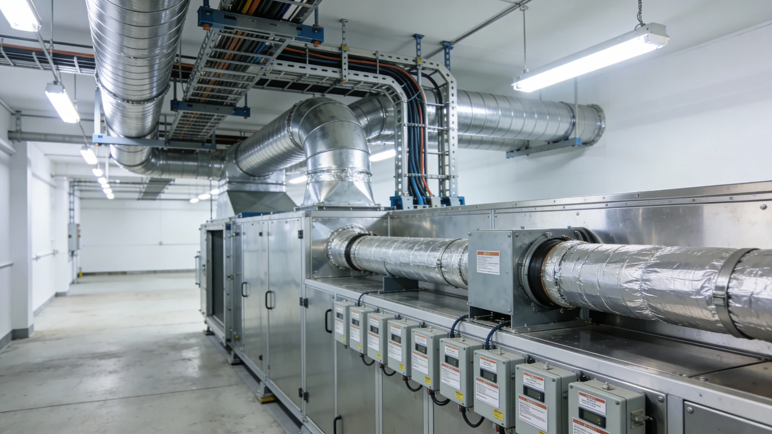 Installed metal HVAC ductwork and mechanical equipment in a large facility