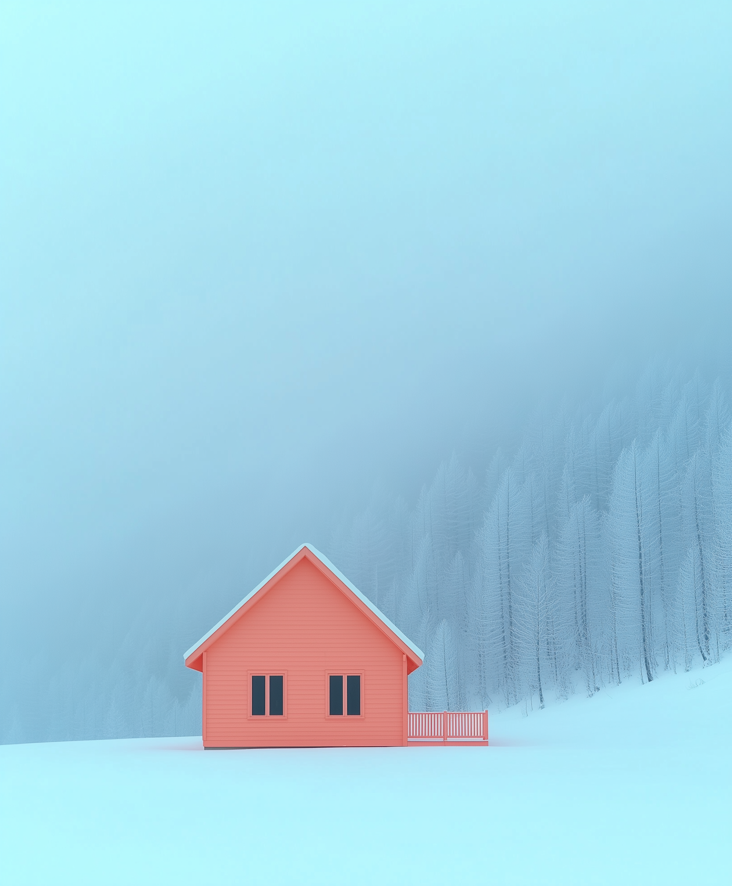 Coral House in Snowy Landscape