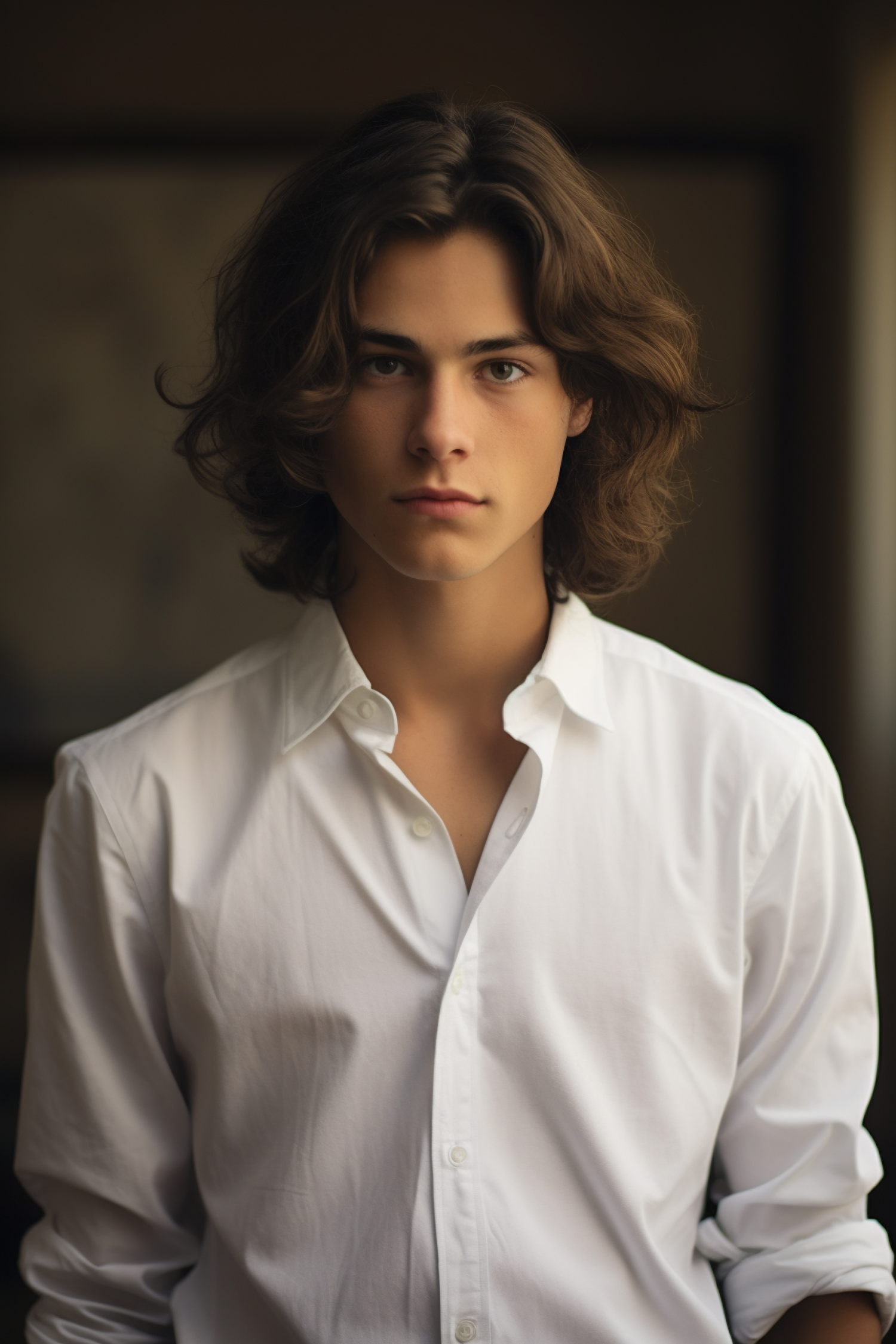 Confident Relaxed Man with Wavy Hair in Classic White Shirt