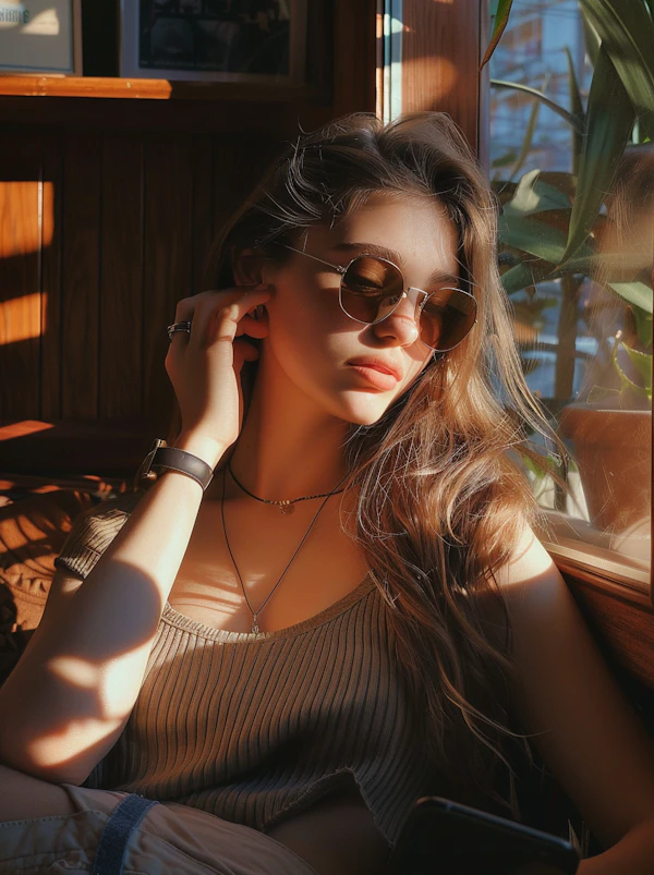 Contemplative Young Woman in Sunlit Setting