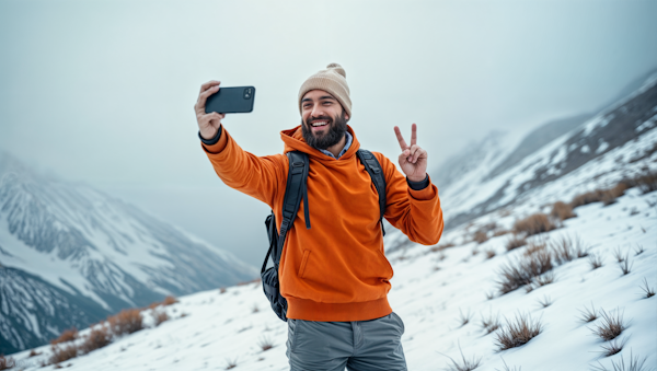 Man Taking Selfie in Winter Landscape