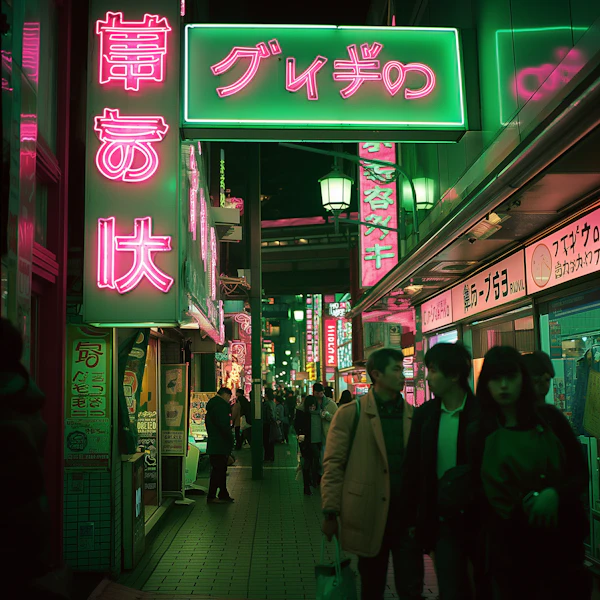 Vivid Japanese Street Scene at Night