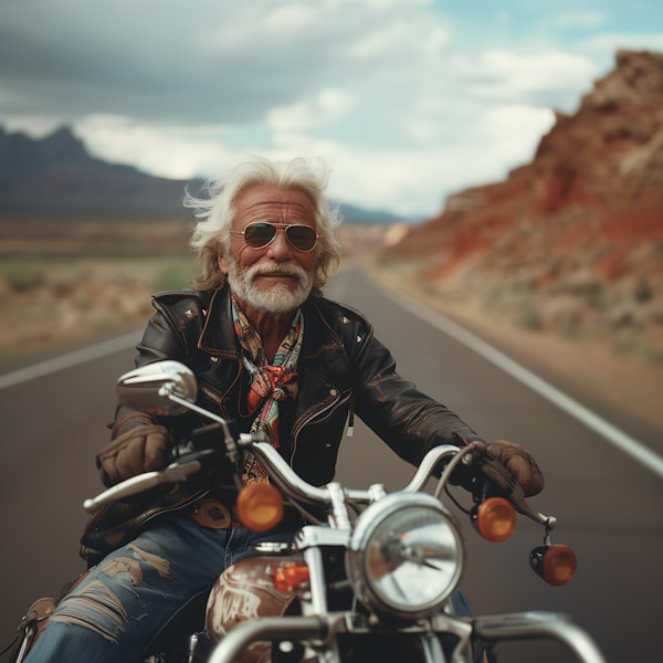 Joyful Senior Motorcyclist on Desert Highway