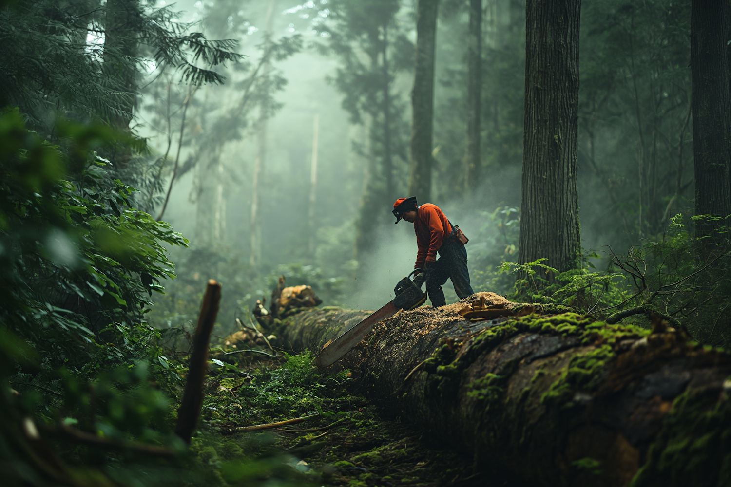 Forester at Work in Misty Woodland