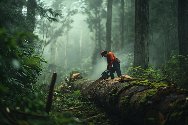 Forester at Work in Misty Woodland