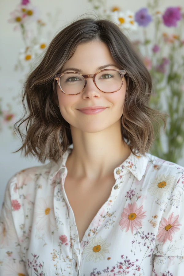 Smiling Woman with Floral Shirt