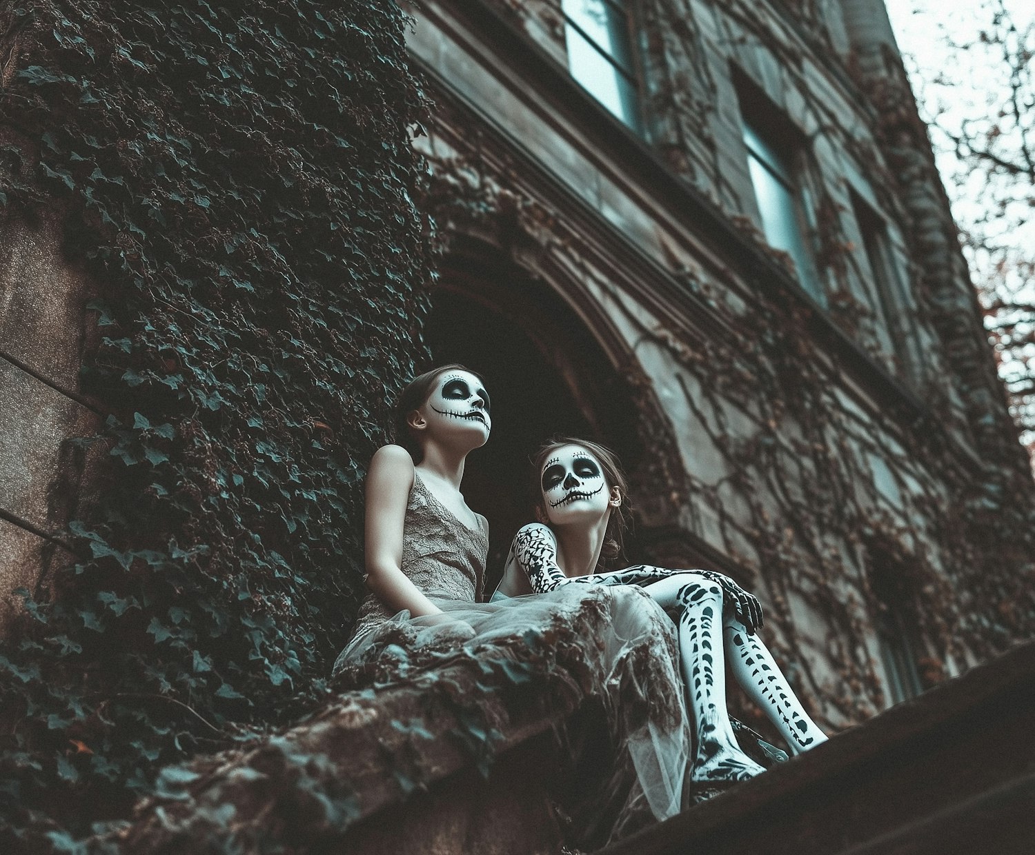 Skeletal Makeup on Ivy-Covered Ledge