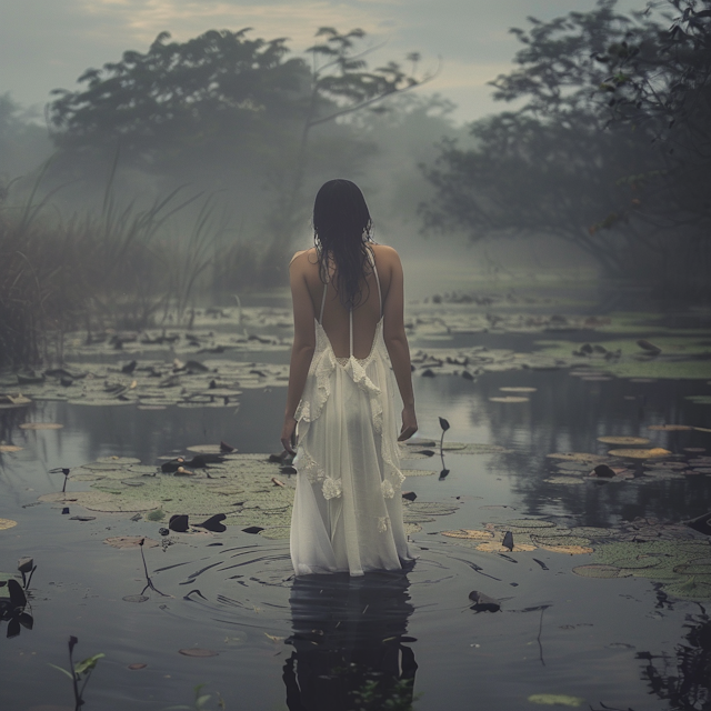 Misty Waterscape with Elegant Woman