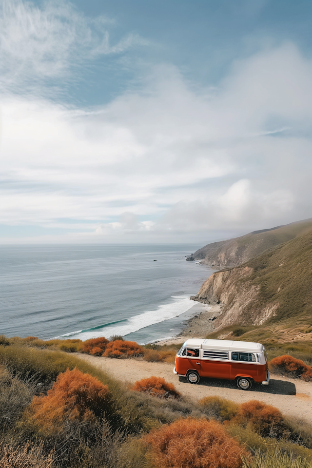 Vintage Van Overlooking Coastal Landscape