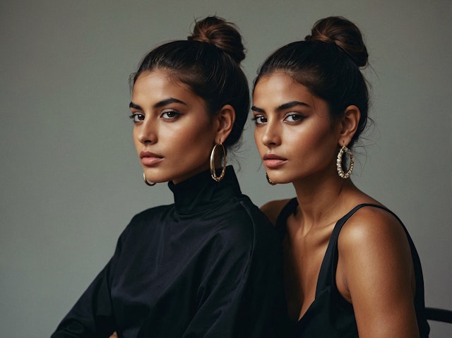 Two Women with High Buns and Hoop Earrings