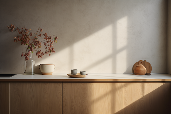 Serene Minimalist Kitchen with Sunlit Shadows