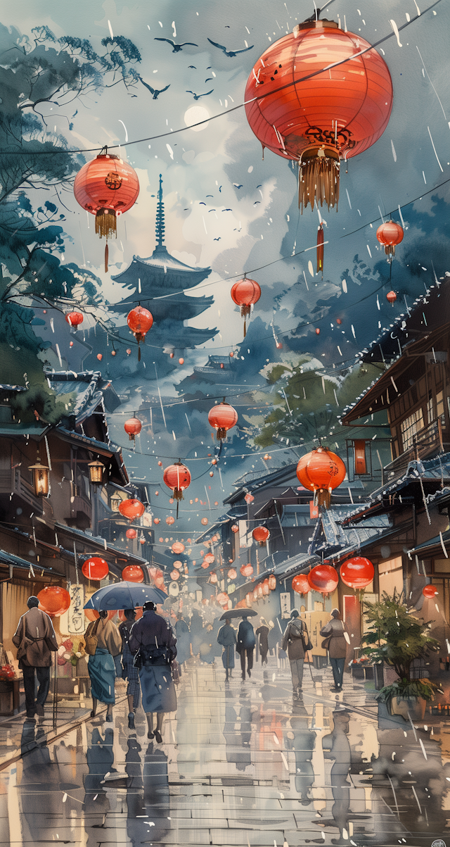 Rainy East Asian Street Scene Illustration