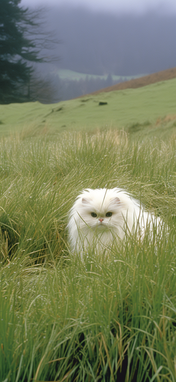 Camouflaged Curiosity: The White Cat in Mystic Meadows