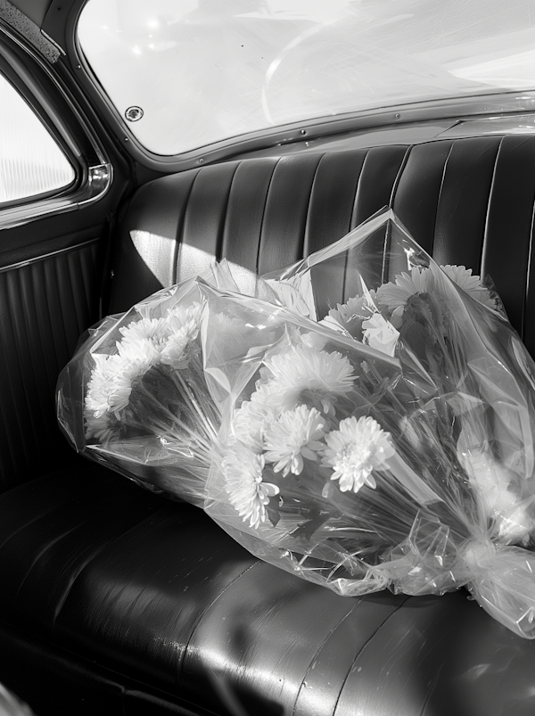 Monochromatic Bouquet on a Vintage Car Seat