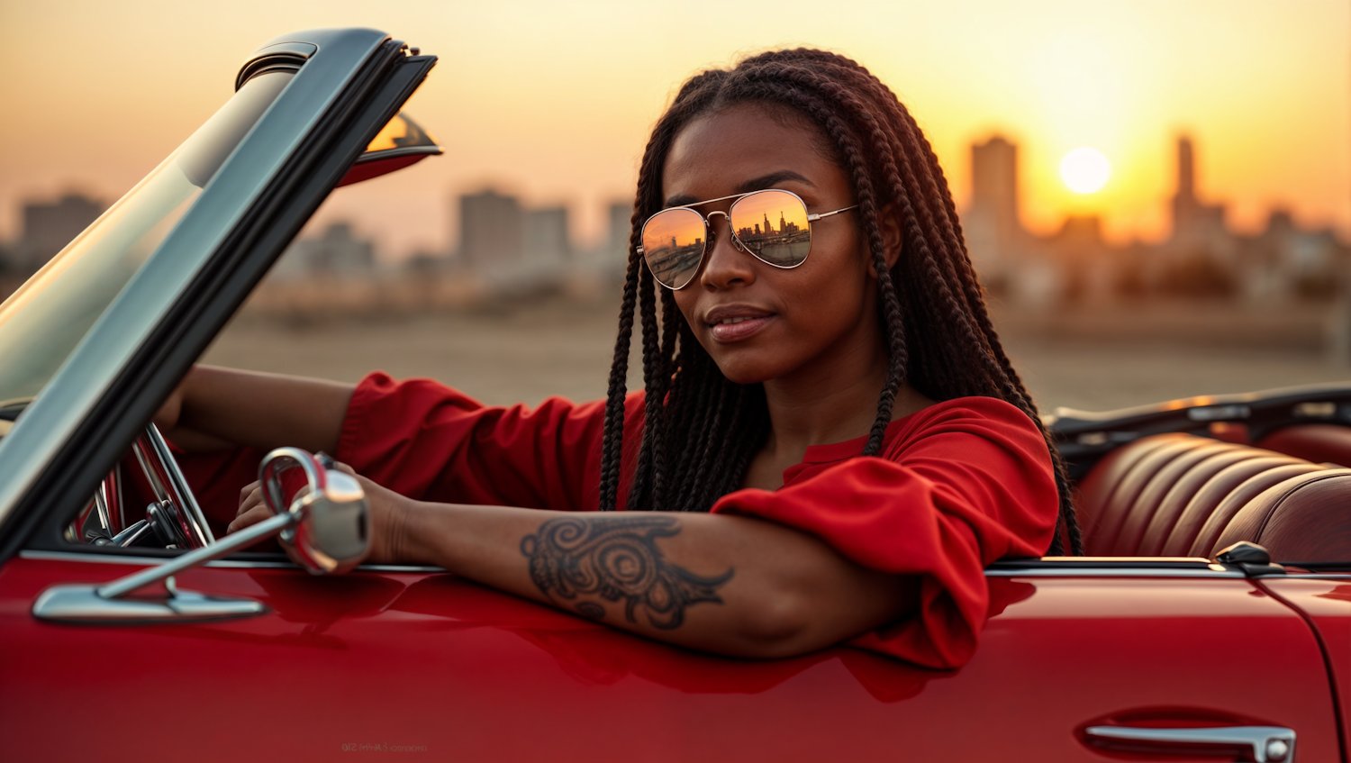 Elegant Woman in Red Convertible Car