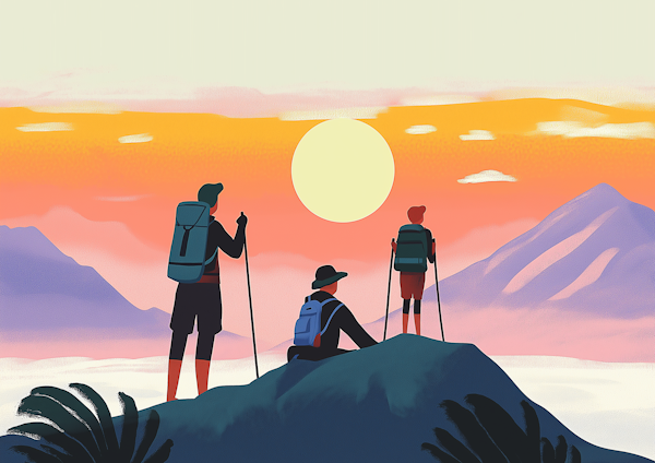 Hikers Watching Sunset on Mountain