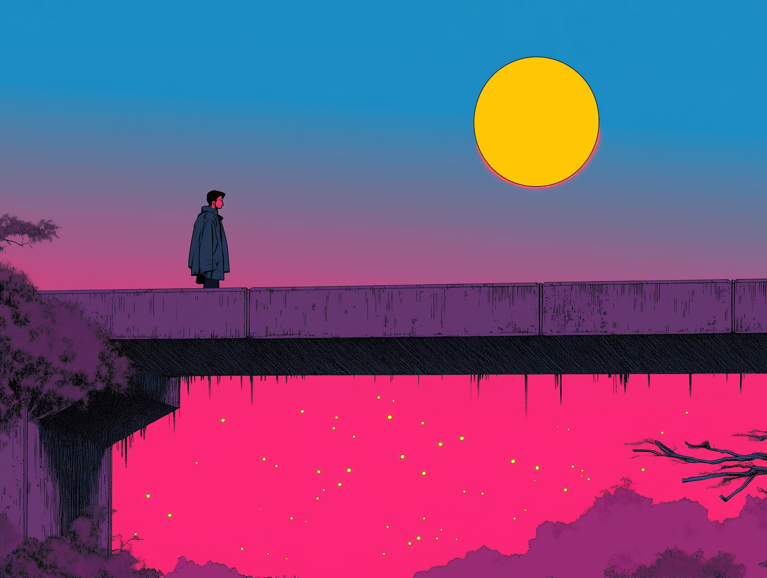 Solitary Figure on Bridge at Sunset