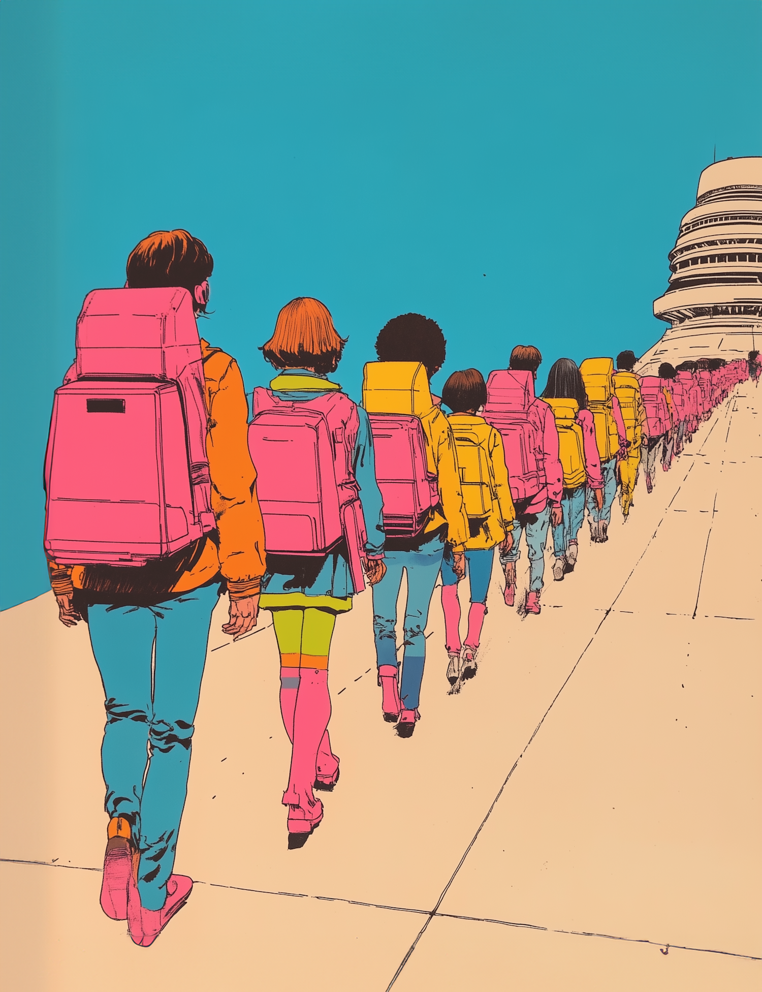 Children Walking Towards Futuristic Building