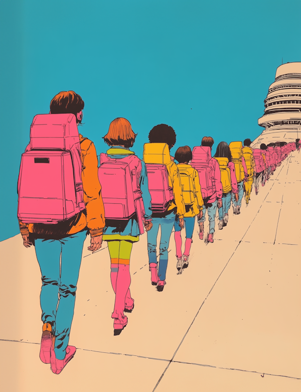 Children Walking Towards Futuristic Building