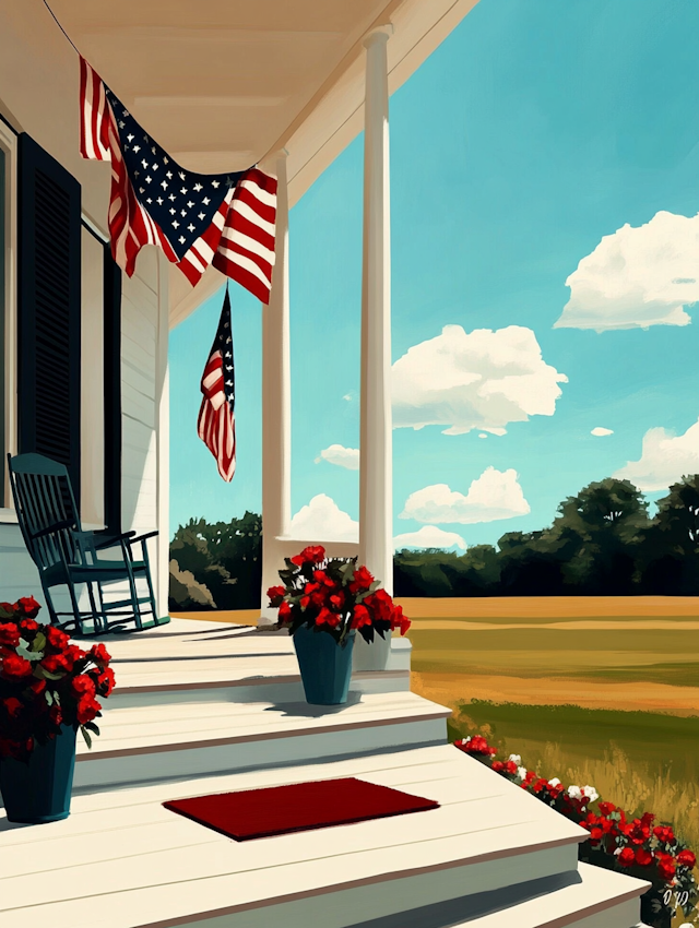 Serene Porch with American Flags