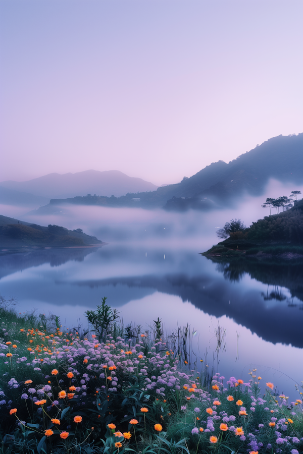 Serene Twilight Lakescape with Wildflowers