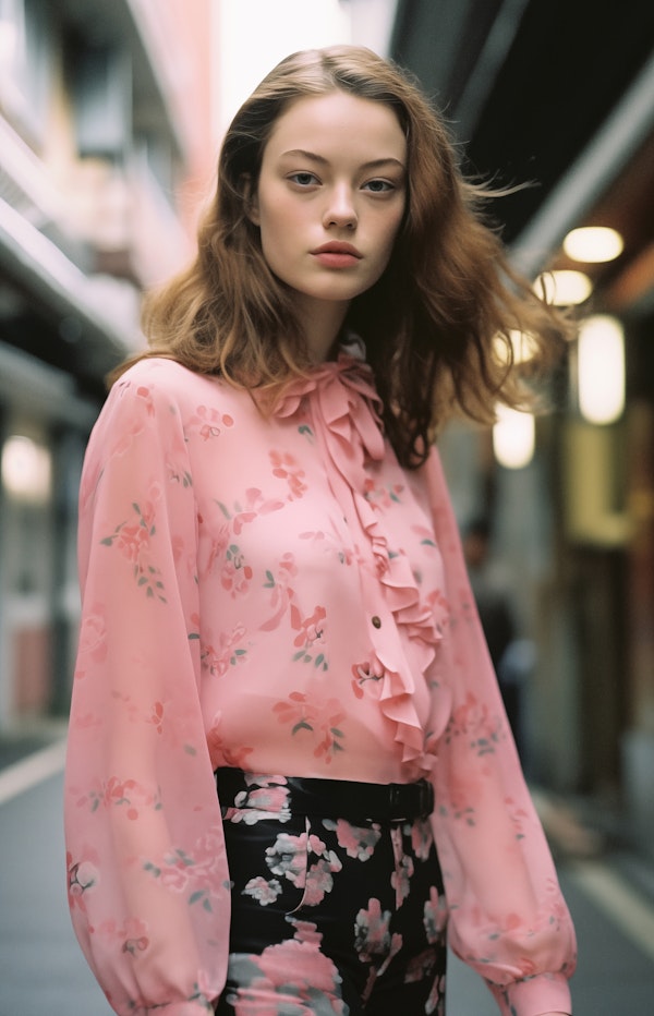 Woman in Floral Outfit with Urban Background