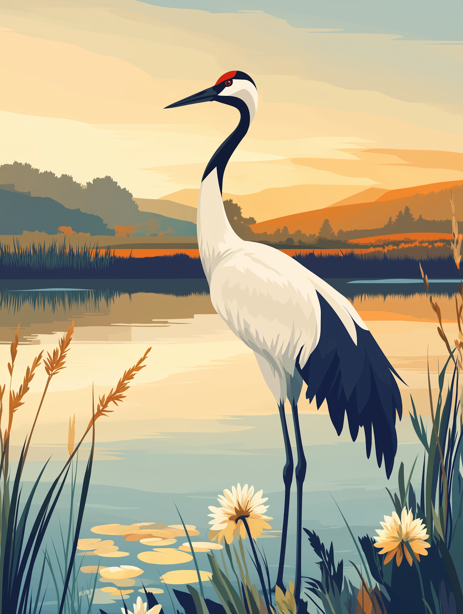 Stylized Crane at Sunset