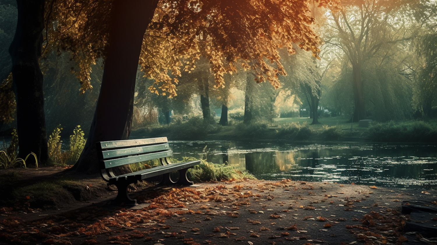 Autumnal Serenity: The Blue Bench by the Lake