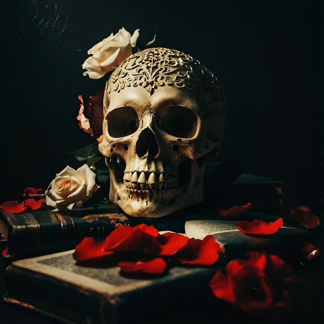 Skull with Roses and Books