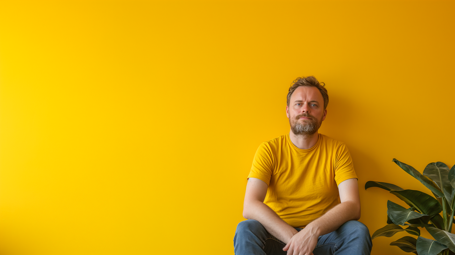 Contemplative Man in Monochrome Yellow