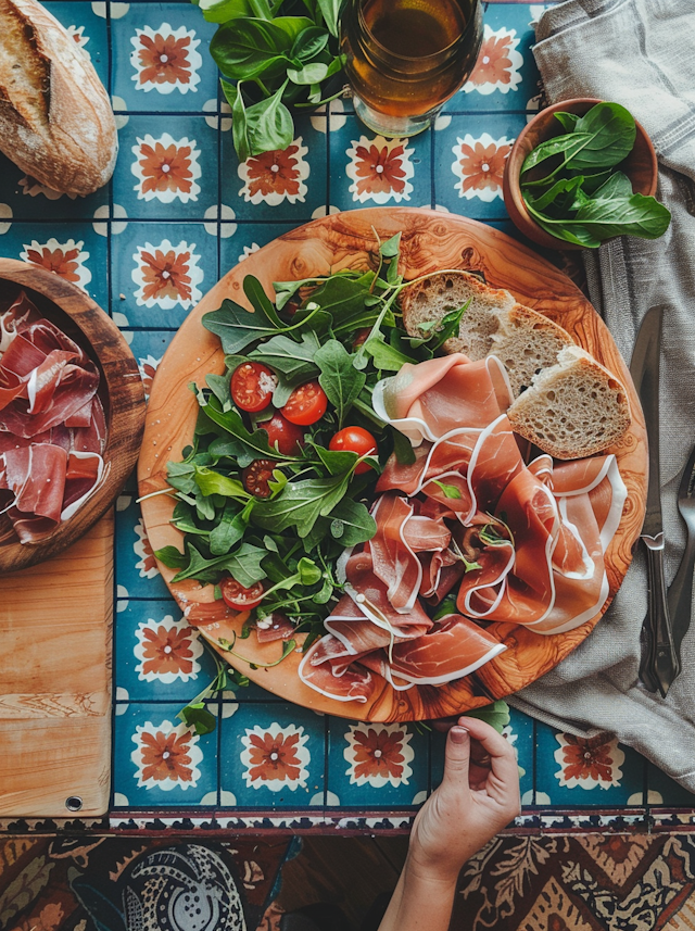 Rustic Food Platter with Prosciutto and Salad