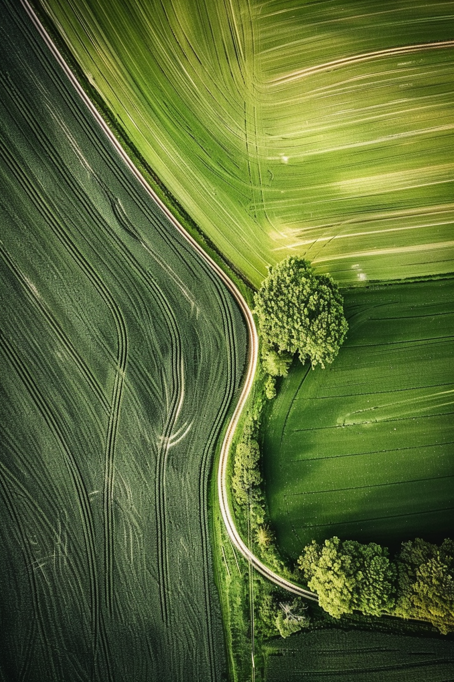 Aerial View of Green Agricultural Field and Curving Road