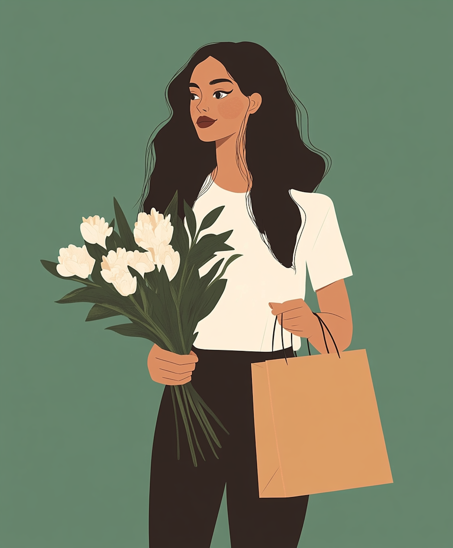 Serene Woman with Flowers and Shopping Bag