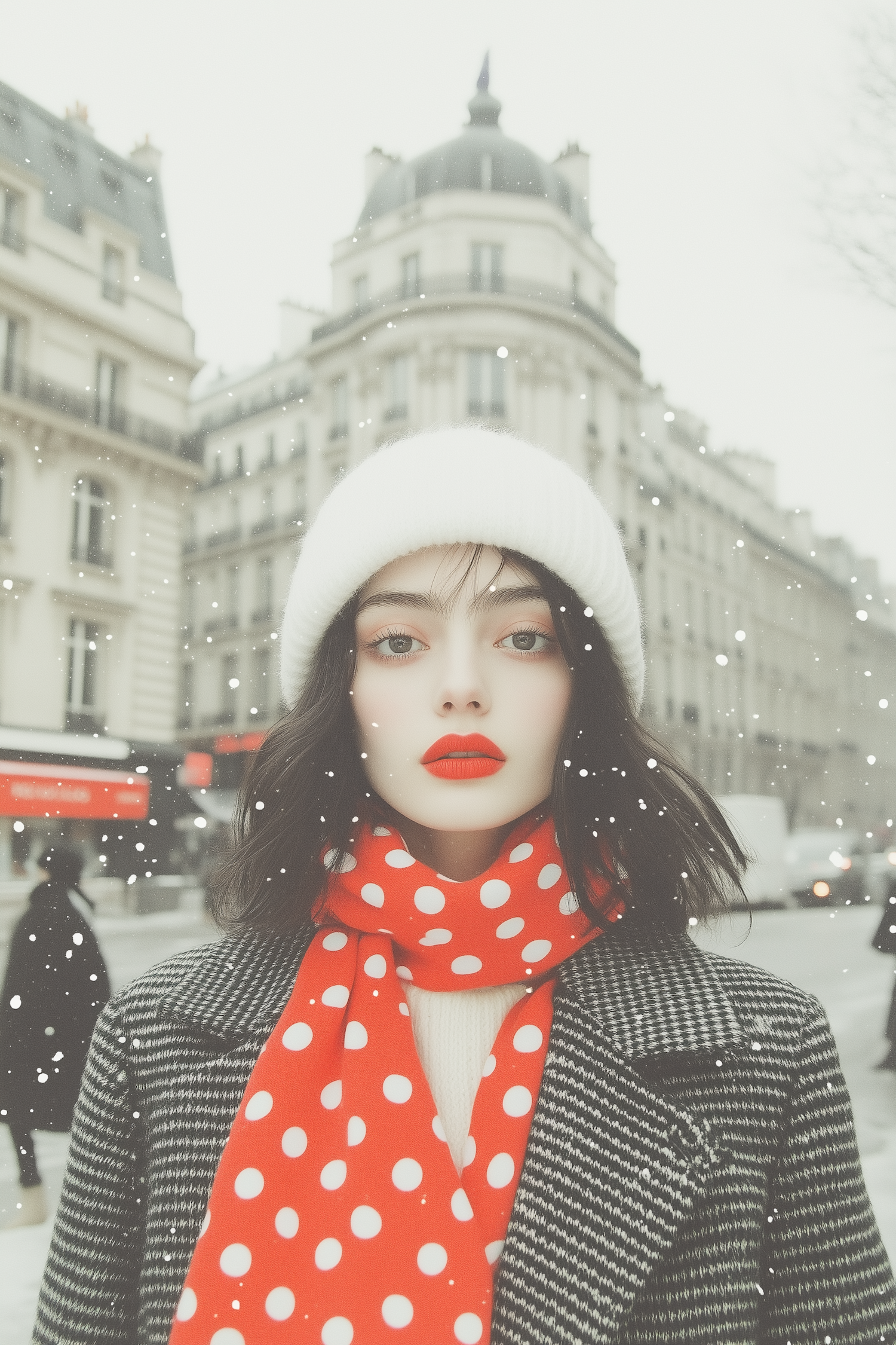 Woman in Snowy Urban Setting