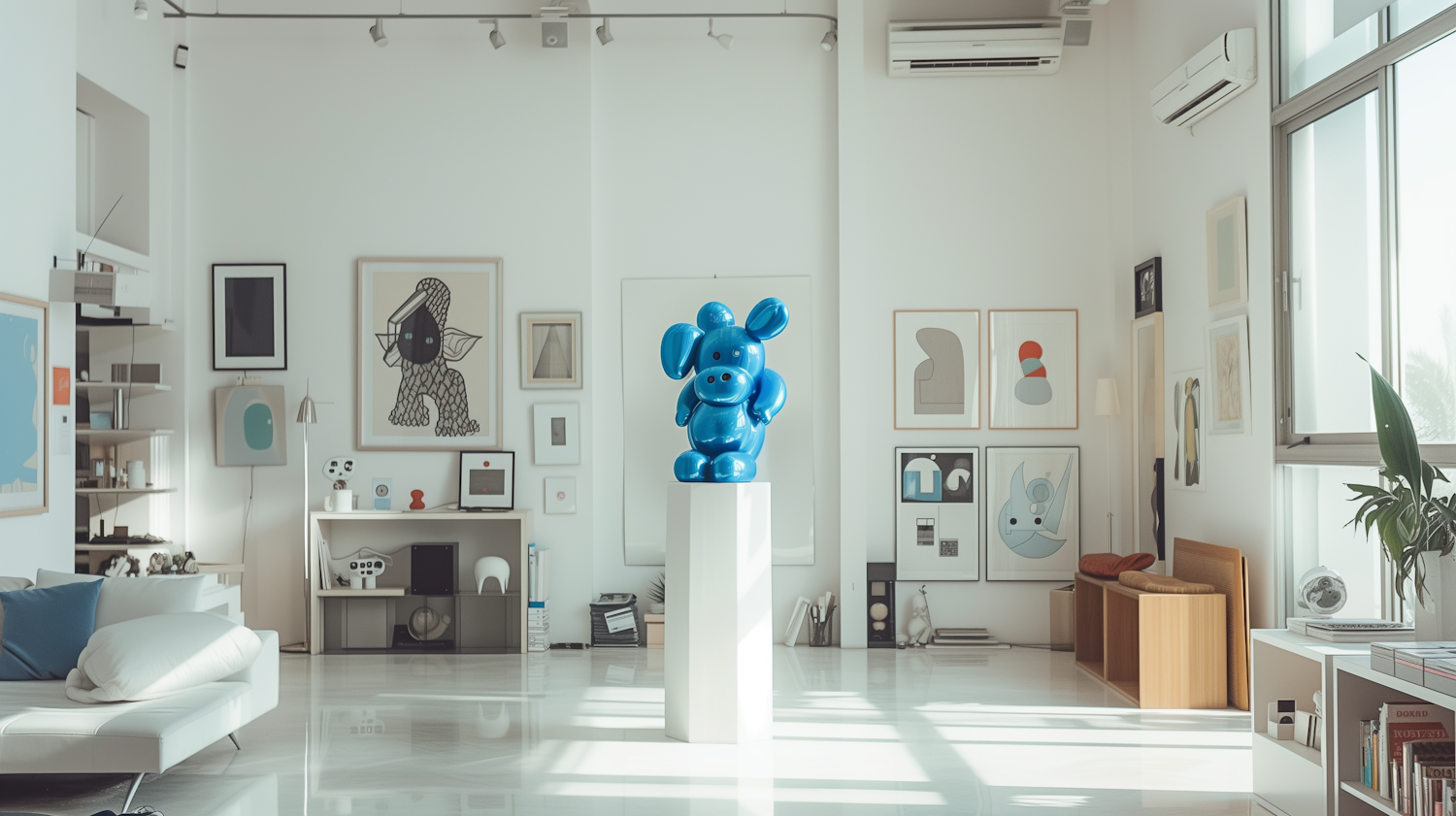 Contemporary Art Gallery Interior with Blue Balloon Dog Sculpture