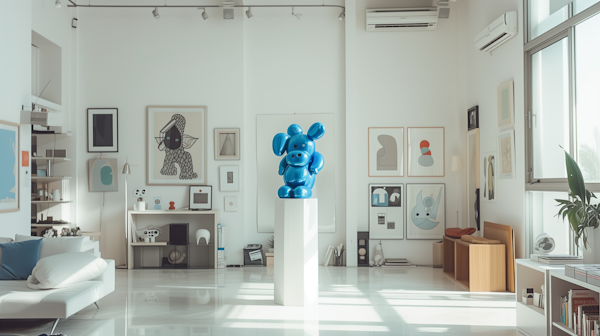 Contemporary Art Gallery Interior with Blue Balloon Dog Sculpture