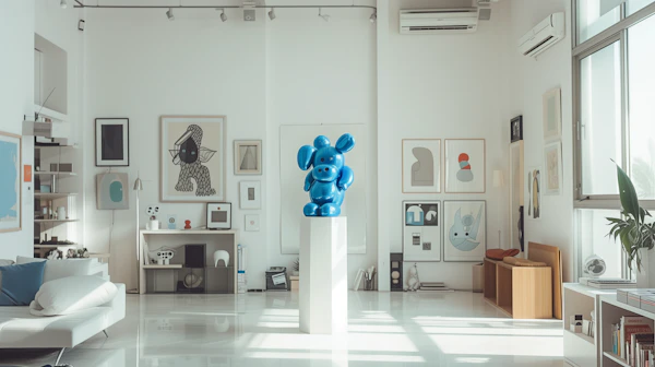 Contemporary Art Gallery Interior with Blue Balloon Dog Sculpture