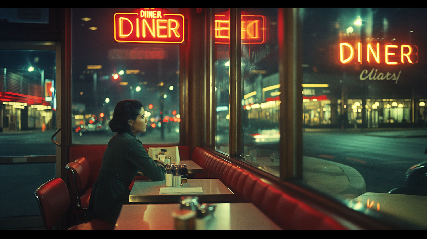 Contemplative Woman in Diner at Night