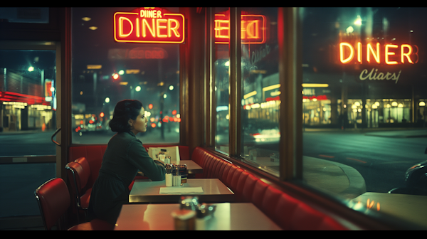 Contemplative Woman in Diner at Night