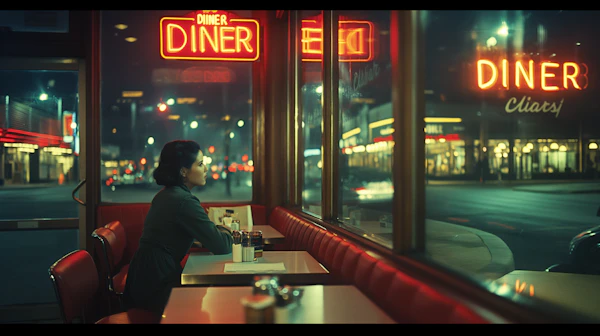 Contemplative Woman in Diner at Night