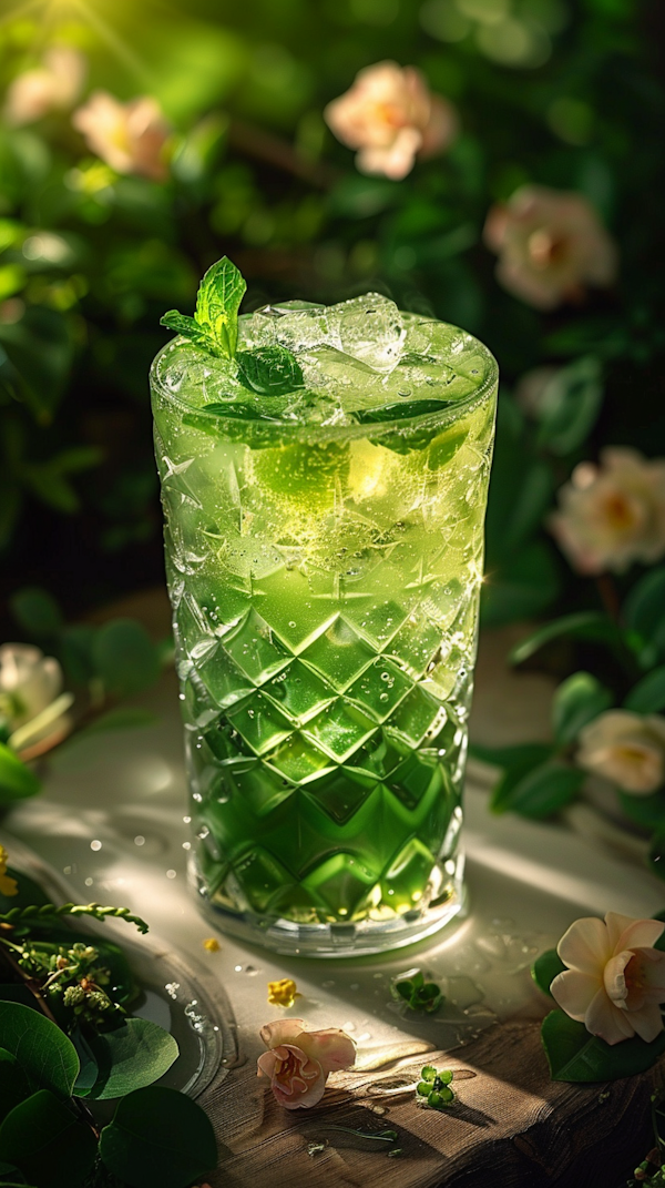 Refreshing Green Beverage in a Floral Setting