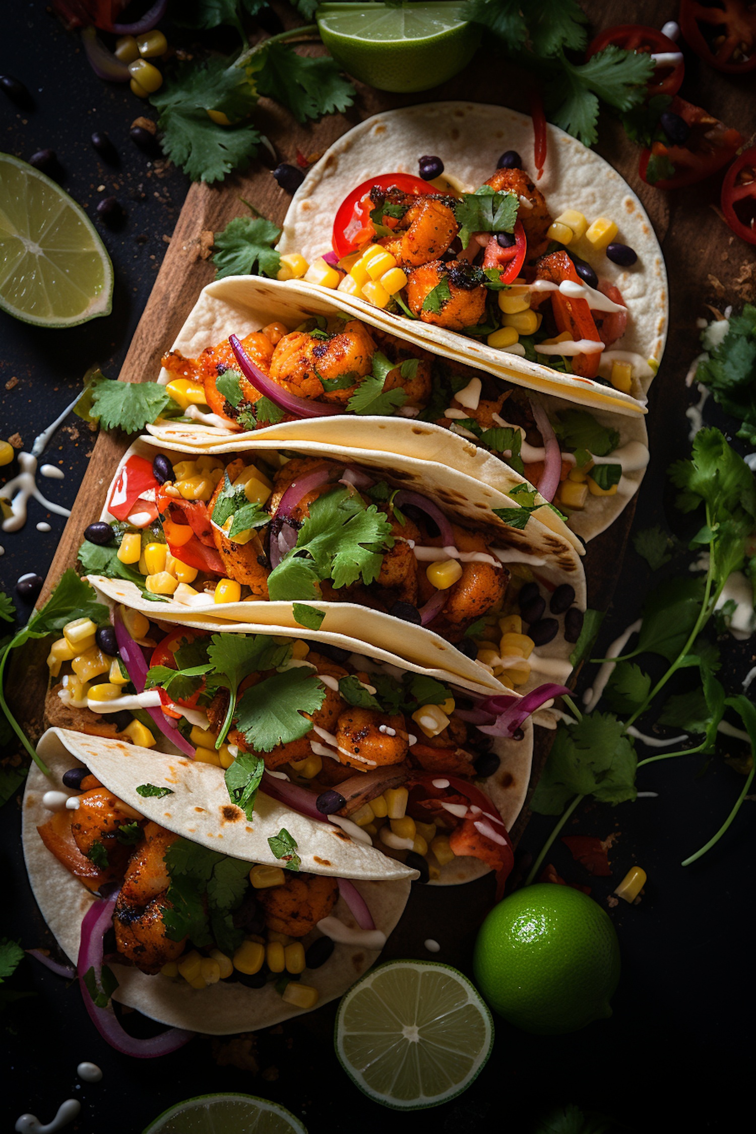 Savory Charred Corn and Shrimp Tacos with Fresh Vegetables and Creamy Sauce