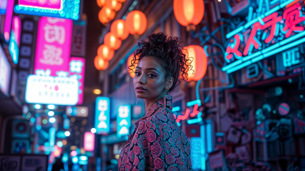 Neon Nightscape with Stylish Woman