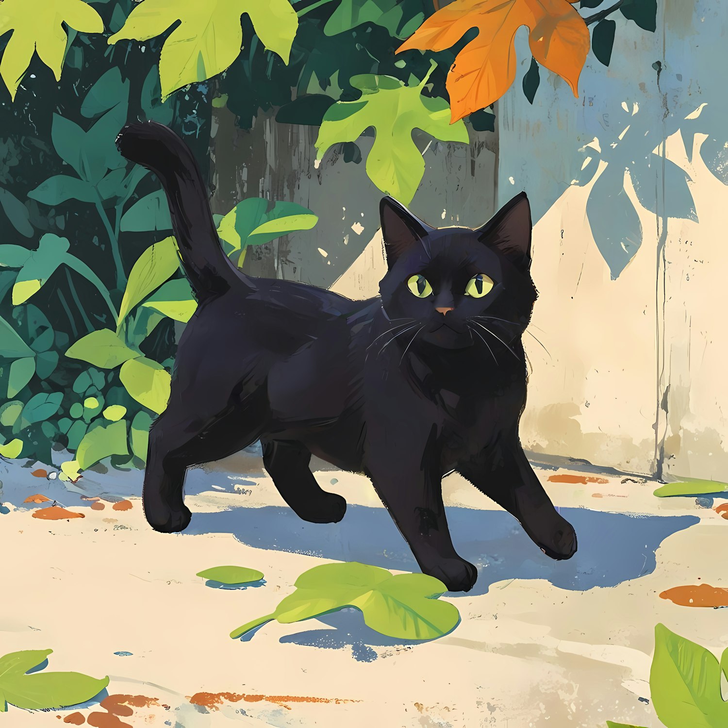 Sleek Black Cat on Sunlit Path