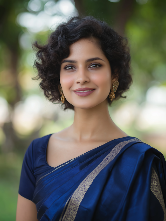 Woman in Blue Saree with Gold Earrings