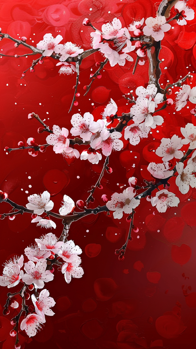 Artistic Cherry Blossoms on Red