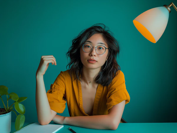 Contemplative Young Woman at Her Desk