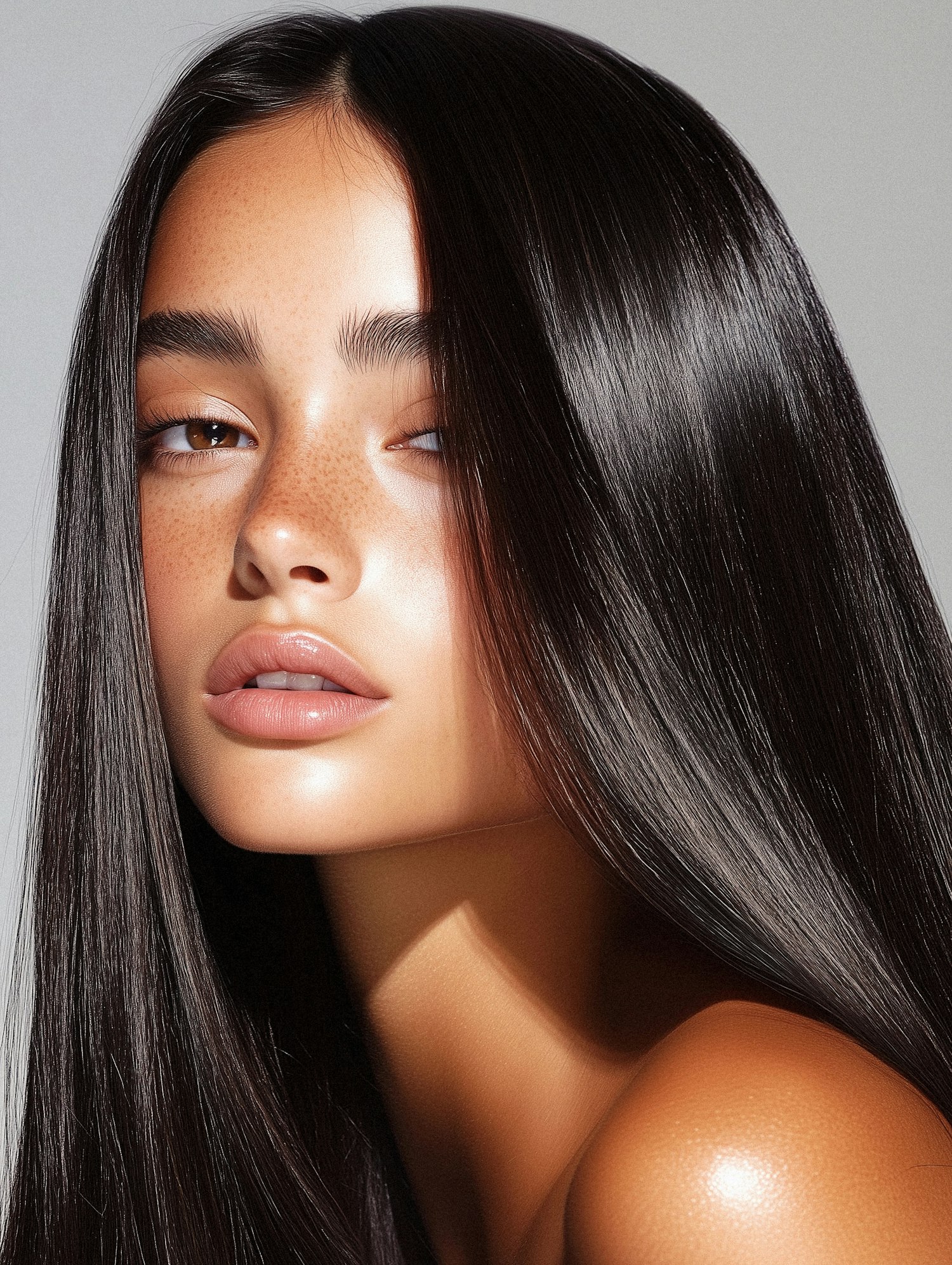 Close-up Portrait of a Person with Long Dark Hair