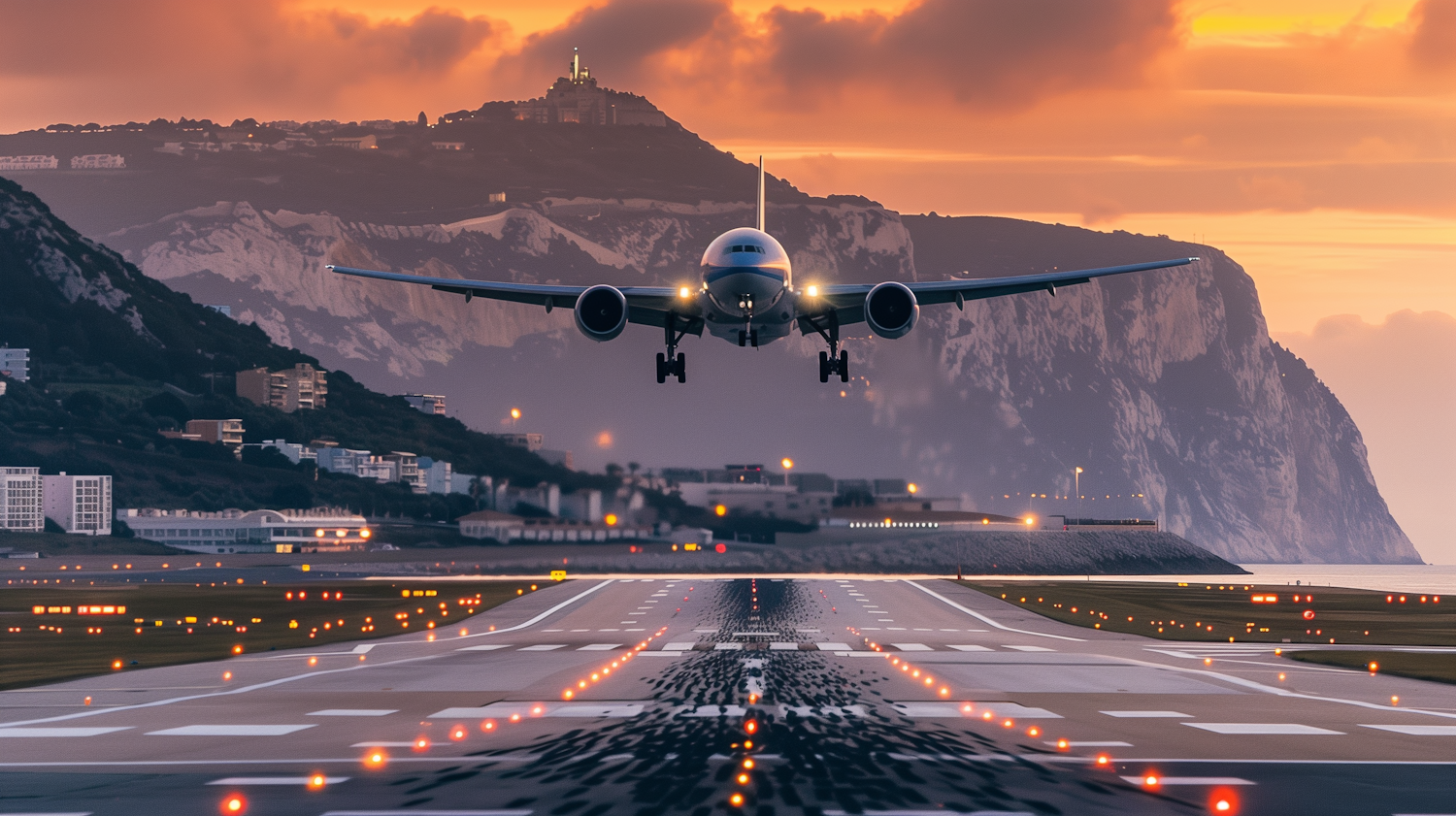 Airplane Landing at Sunset